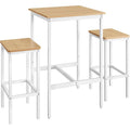 Table haute avec deux tabourets finition chene dore et blanc, ensemble repas moderne pour cuisine ou coin bar