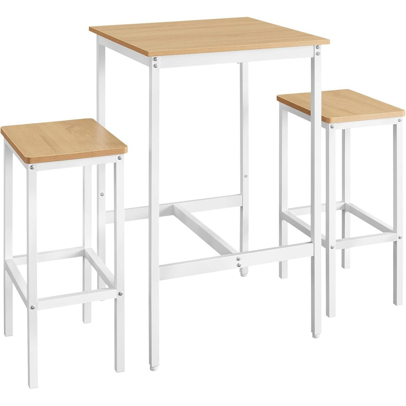 Table haute avec deux tabourets finition chene dore et blanc, ensemble repas moderne pour cuisine ou coin bar