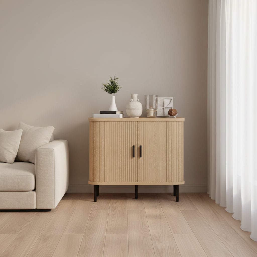 Buffet bas avec deux portes coulissantes, dimensions 90 x 40 x 75 cm, finition chene pour salon ou cuisine