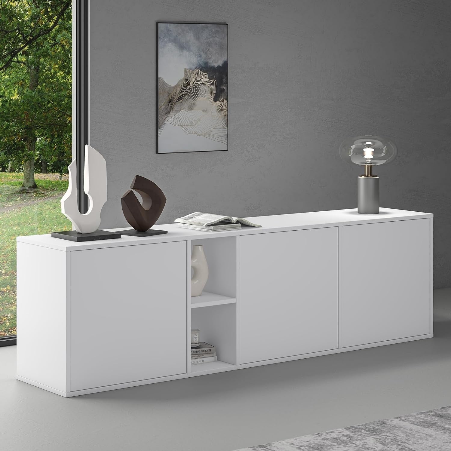 Buffet bas suspendu ou sur pieds 180 cm avec trois portes, finition blanc mat, meuble de rangement moderne pour interieur