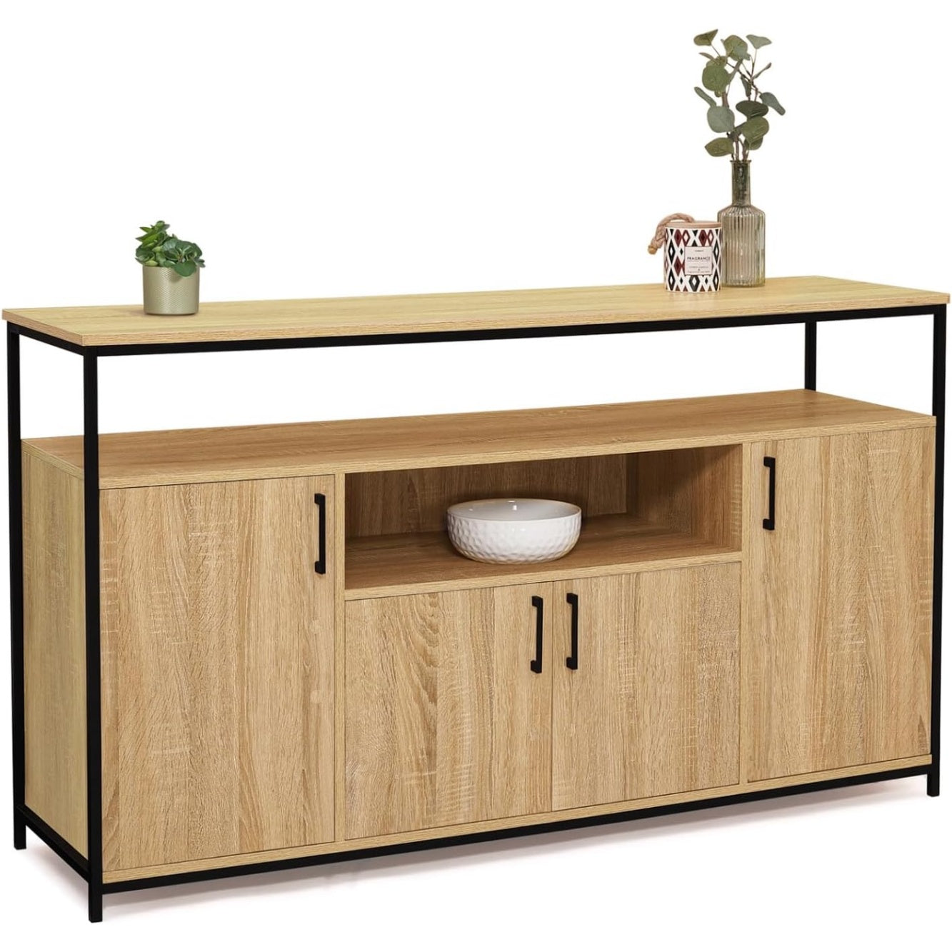 Meuble industriel 140 cm avec quatre portes, niche ouverte et finition bois contemporaine