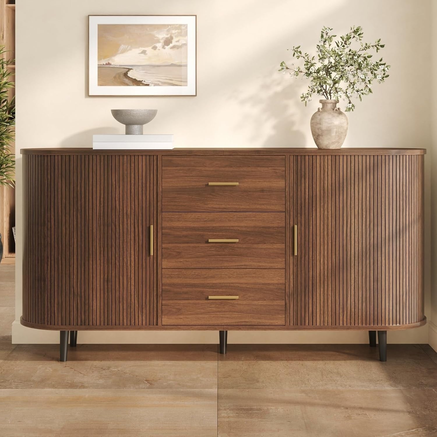Buffet cuisine noyer 160 cm avec meuble de rangement moderne et finition naturelle