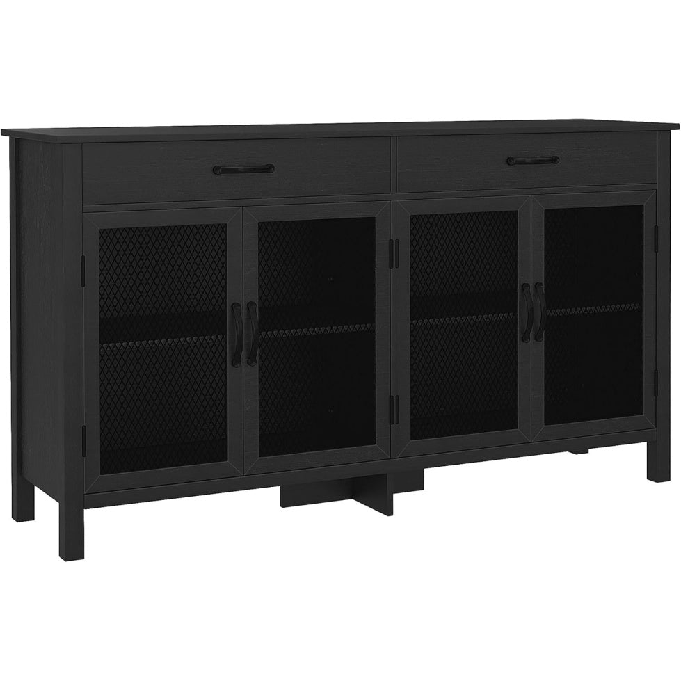 Rangement bas noir 150 x 40 x 85 cm avec quatre portes, meuble polyvalent pour differentes pieces de la maison