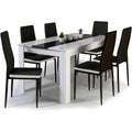 Ensemble table et chaises 140 cm avec plateau blanc et noir, six assises noires avec finition elegante pour salle a manger
