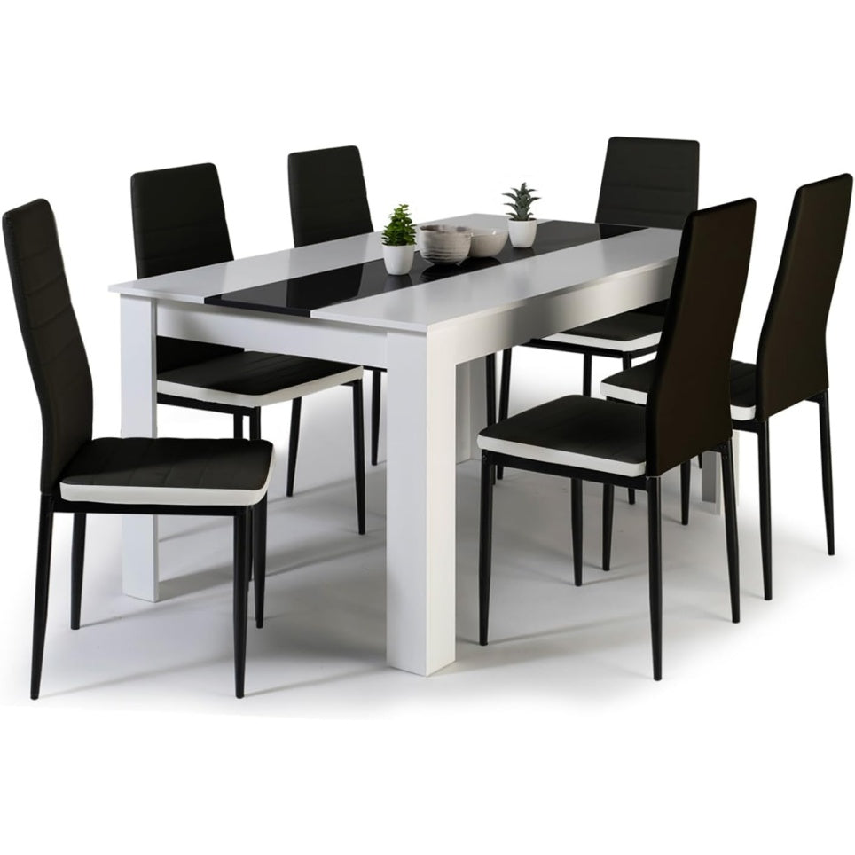 Ensemble table et chaises 140 cm avec plateau blanc et noir, six assises noires avec finition elegante pour salle a manger