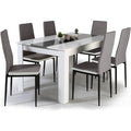 Ensemble table repas 140 cm blanche et grise avec six chaises assorties, design moderne pour salle a manger