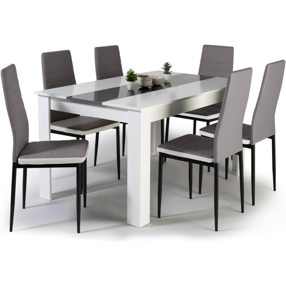 Ensemble table repas 140 cm blanche et grise avec six chaises assorties, design moderne pour salle a manger