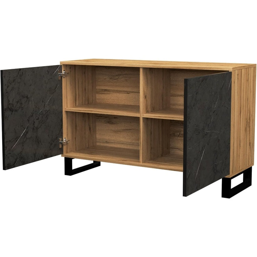 Buffet chene et pierre noire 120 cm avec deux portes, meuble multifonction pour salon chambre ou rangement chaussures