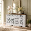 Buffet blanc 160 cm style campagne avec details decoratifs, quatre portes, deux tiroirs et tablettes reglables
