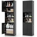 Armoire cuisine noire 190 cm avec quatre portes, compartiments ouverts et six etageres, rangement vertical multifonction