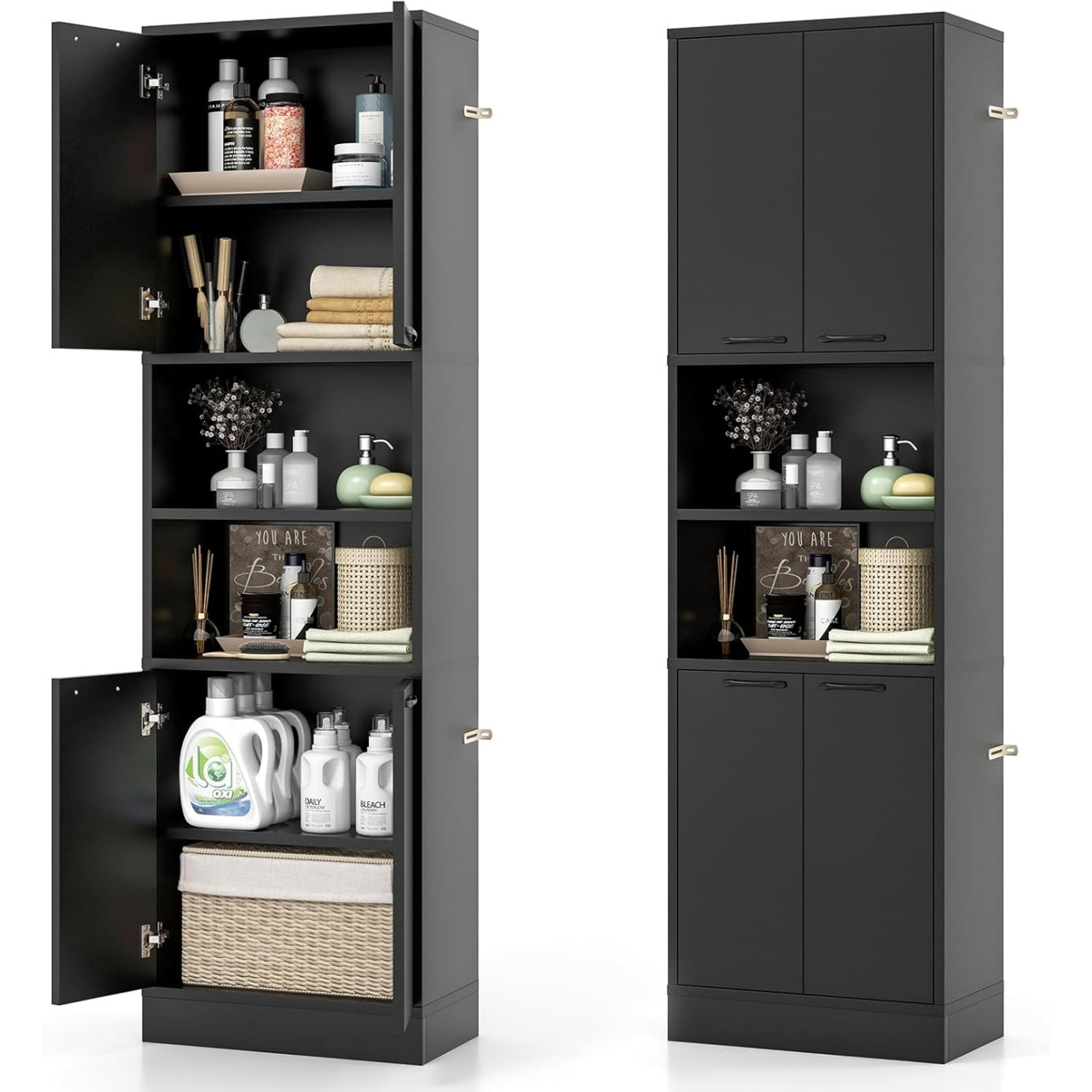 Armoire cuisine noire 190 cm avec quatre portes, compartiments ouverts et six etageres, rangement vertical multifonction