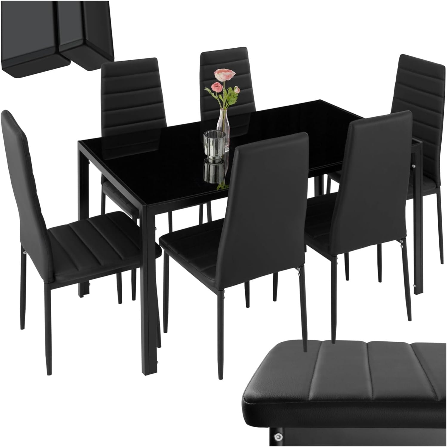 Ensemble table repas avec six chaises modernes en simili cuir, structure acier et plateau en verre trempe pour interieur