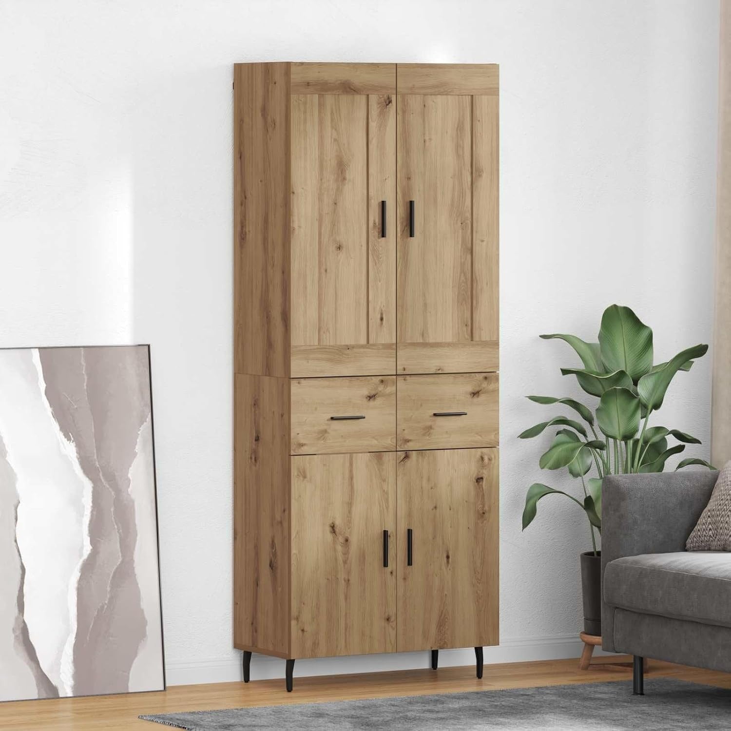 Duo de buffets hauts en chene artisanal avec tiroirs 69,5 x 34 x 180 cm, mobilier moderne offrant un rangement genereux pour interieur