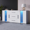 Meuble vertical blanc avec trois tiroirs et LED multicolore, buffet moderne pour salon ou espace repas