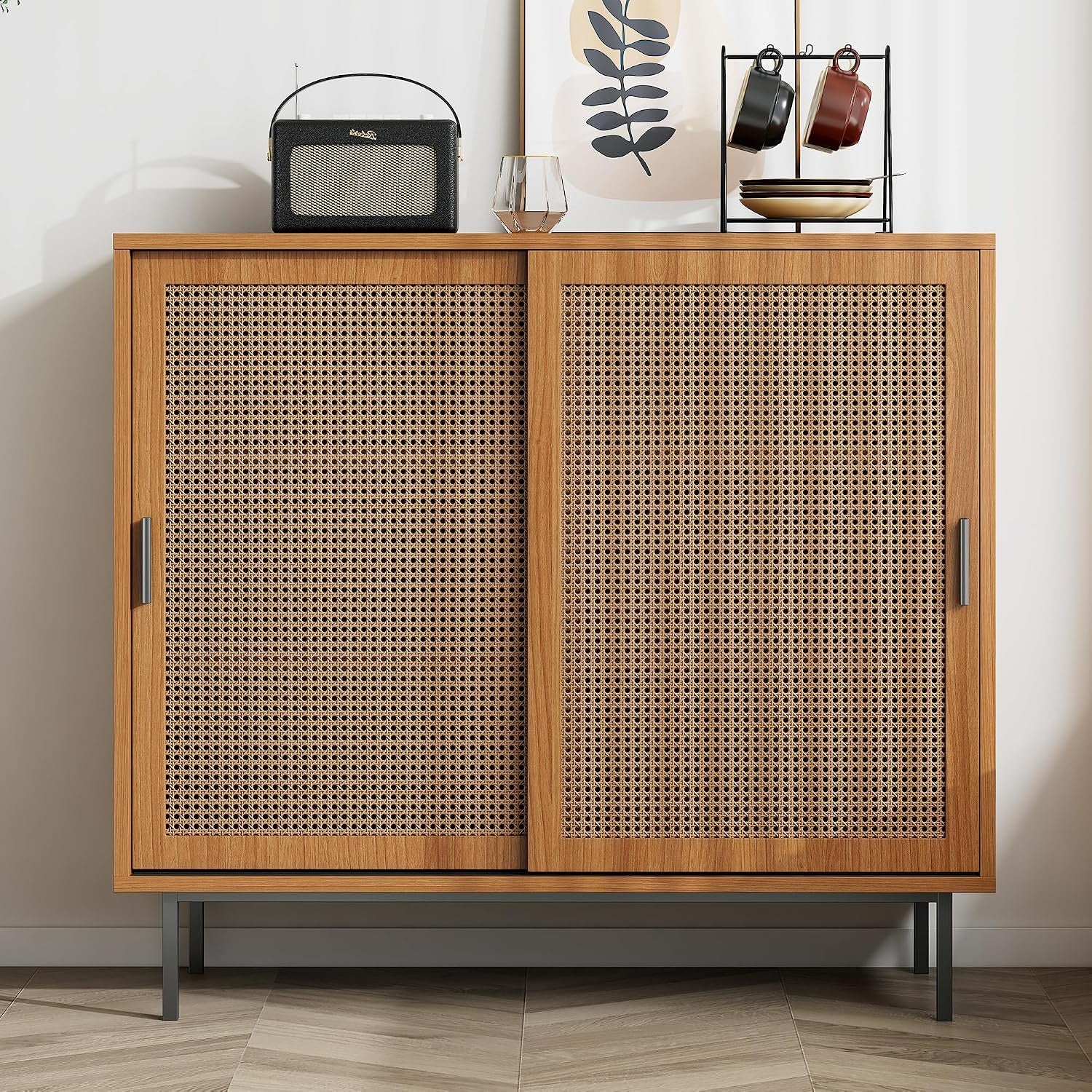 Meuble cuisine 100 cm avec deux portes coulissantes et tablette reglable, rangement d'appoint pour salon ou espace repas