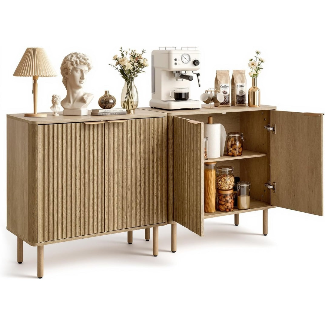 Deux buffets retro 80 cm avec facades cannelees, compartiments modulables et etageres amovibles pour coin repas ou salon