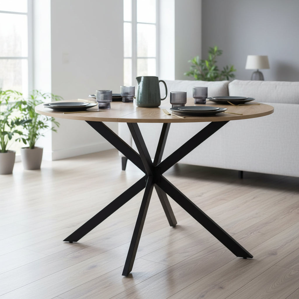 Table ronde repas six personnes avec pied araignee noir et plateau bois, diametre 110 cm, design contemporain