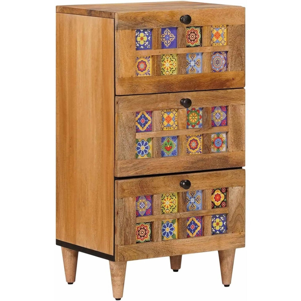 Buffet naturel en bois de manguier massif 40 x 33 x 75 cm avec tiroirs, gestion des cables et rangement polyvalent