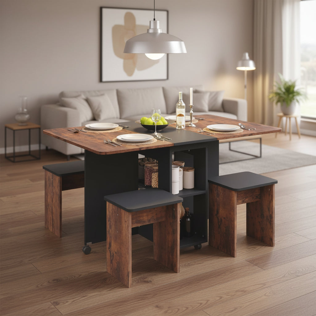 Ensemble repas pliable 120 cm avec quatre chaises, conception compacte ideale pour petits espaces