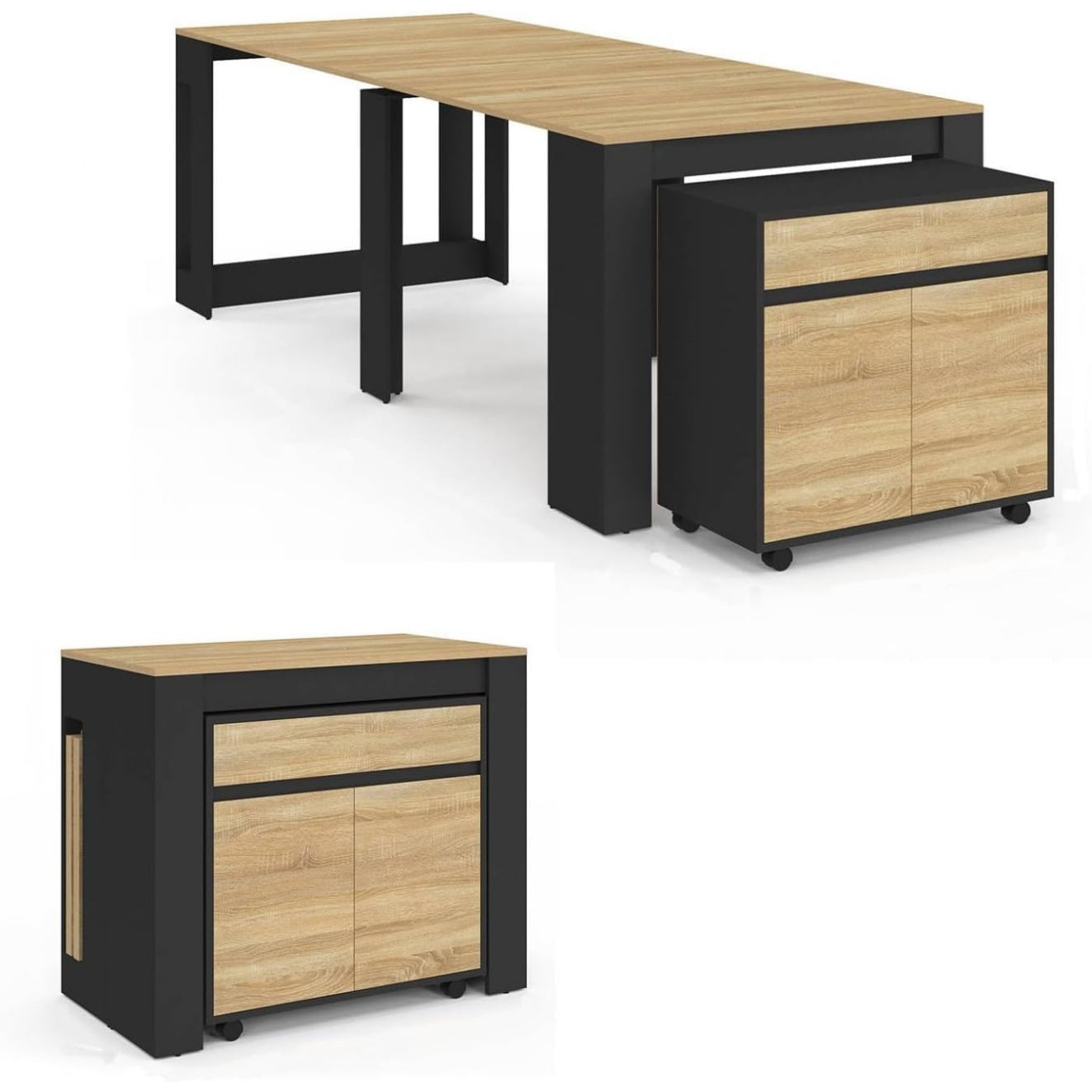Table buffet extensible grande dimension pour dix convives, longueur 235 cm, finition noire avec details effet hetre