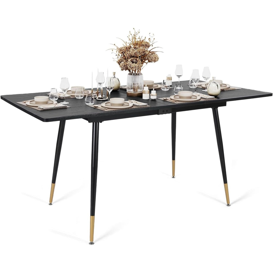 Table de repas extensible noire et doree style industriel, plateau bois reglable de 120 a 160 cm pour quatre a six convives