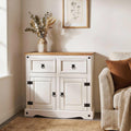 Buffet en bois massif 87 cm avec deux portes battantes et deux tiroirs, style mexicain finition blanc et brun
