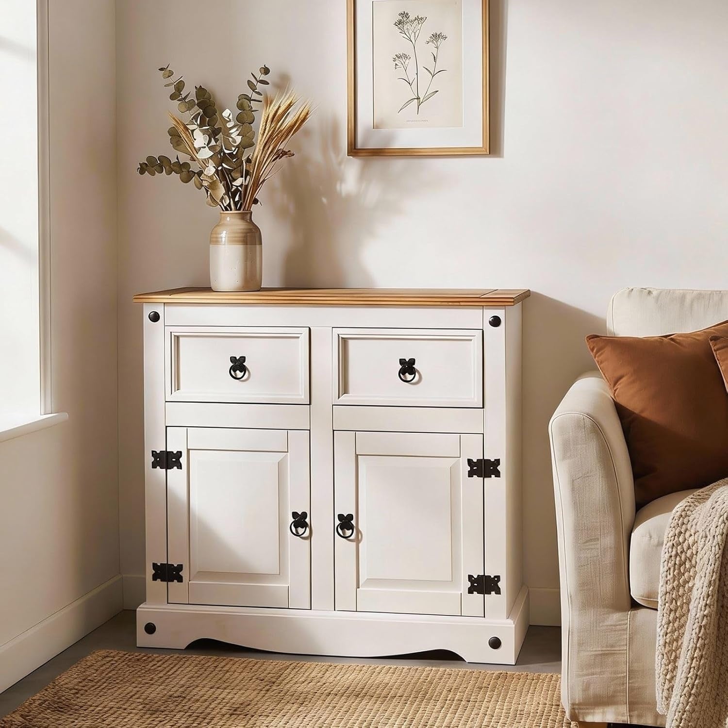 Buffet en bois massif 87 cm avec deux portes battantes et deux tiroirs, style mexicain finition blanc et brun