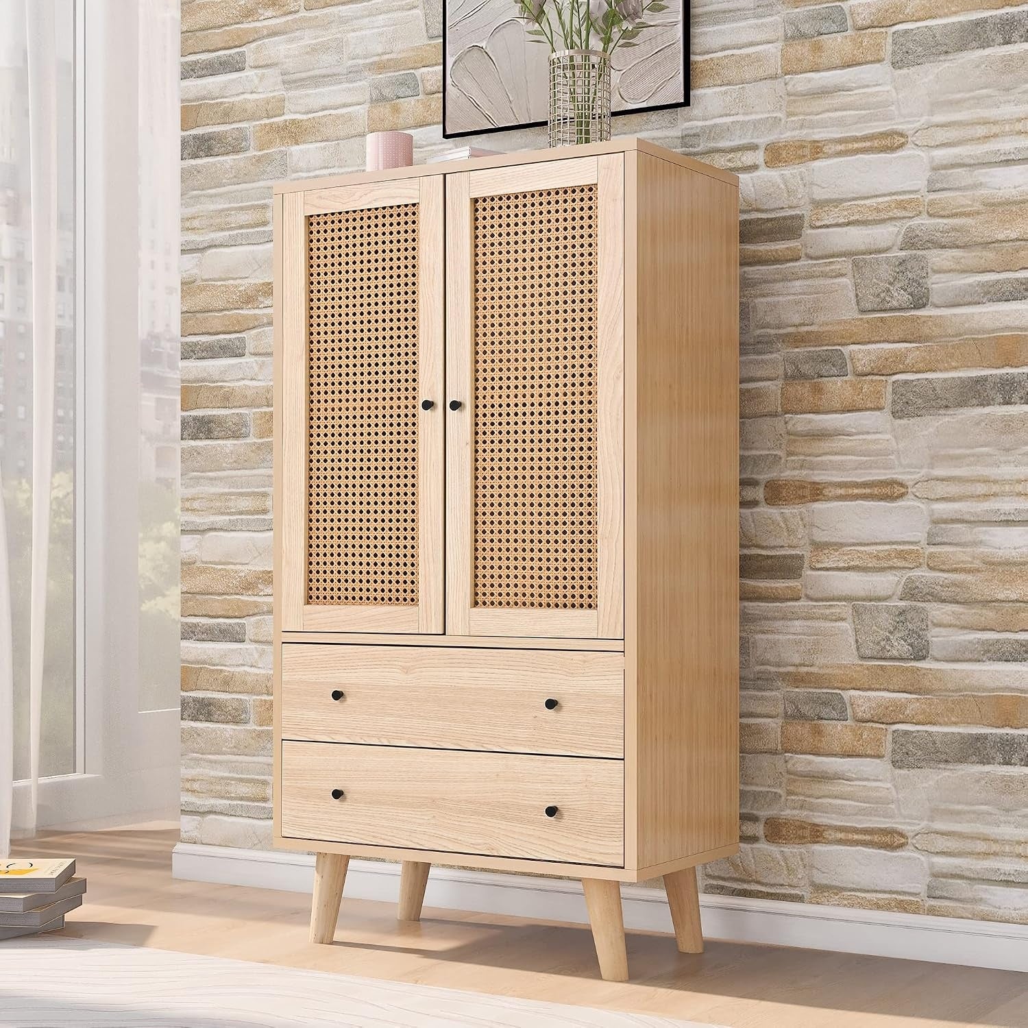 Buffet haut en rotin avec deux portes et deux tiroirs, meuble en bois polyvalent pour chambre couloir salon et salle a manger