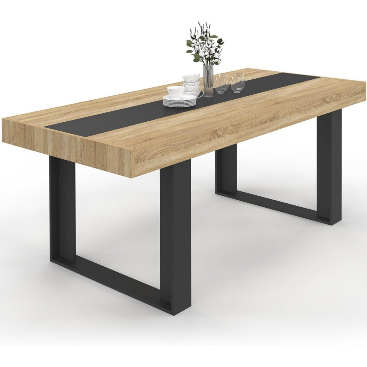 Grande table rectangulaire pour huit personnes 200 cm avec plateau bois et bande centrale noire