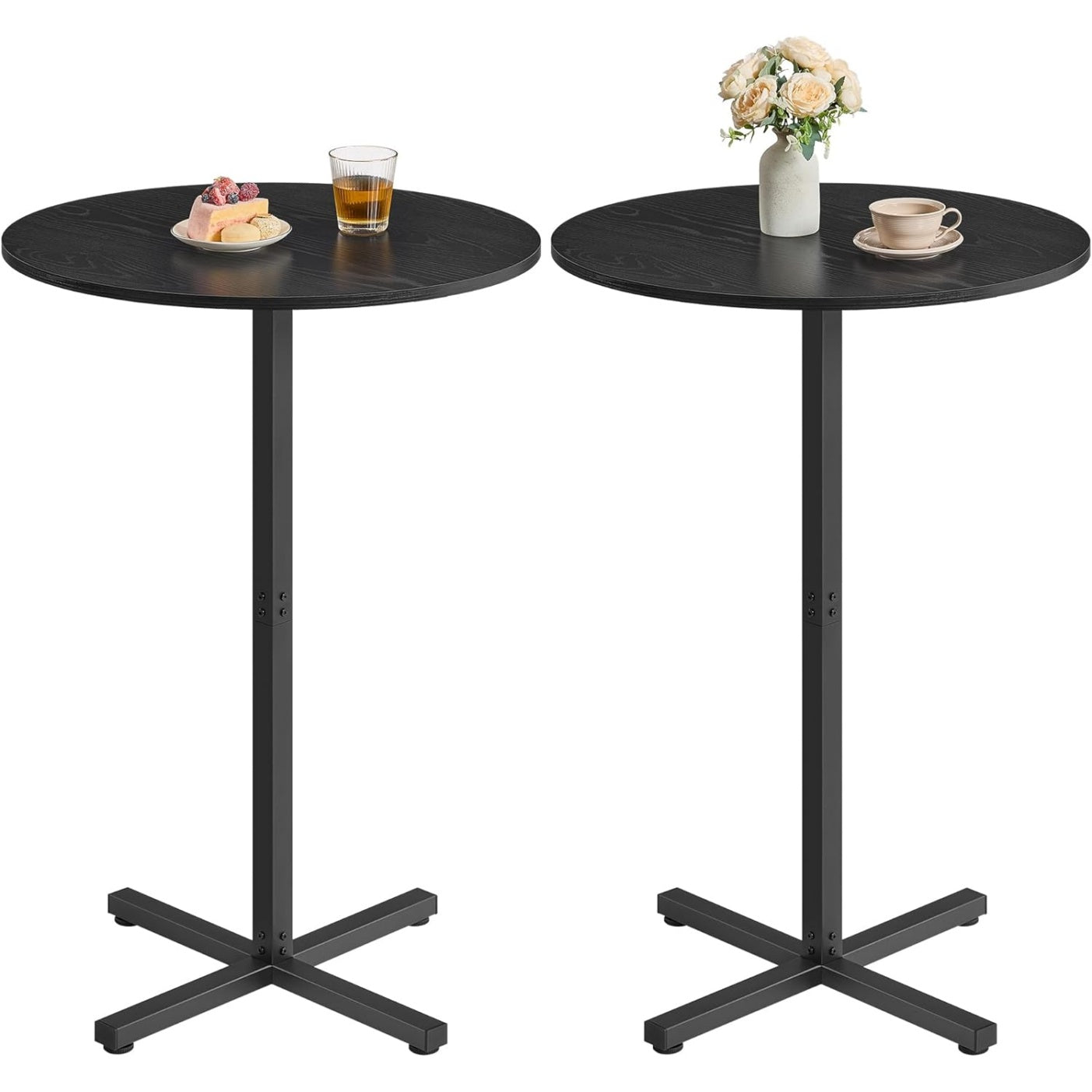 Ensemble de 2 tables hautes de bar noires et bois avec cadre metal, base croisee et style moderne pour repas ou bistrot