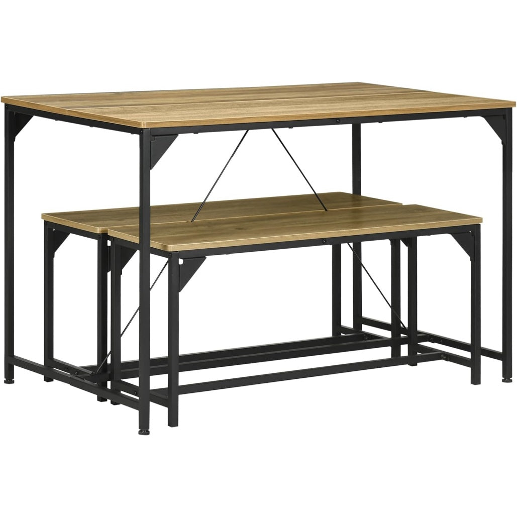 Ensemble repas bois naturel et noir avec table et deux bancs 120 x 70 x 75 cm, style moderne et convivial