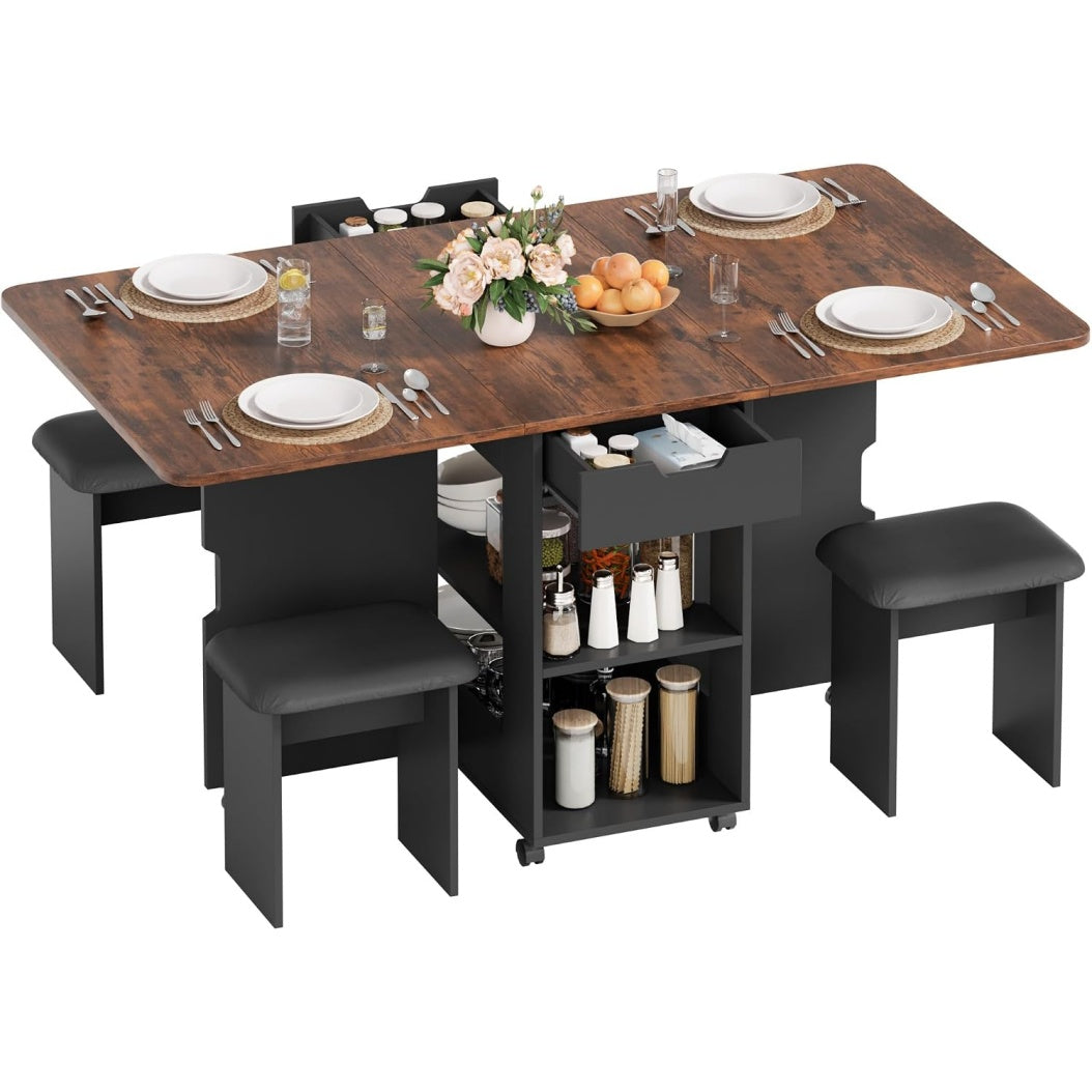 Table pliante avec quatre chaises integrees, ensemble gain de place adapte aux petits espaces