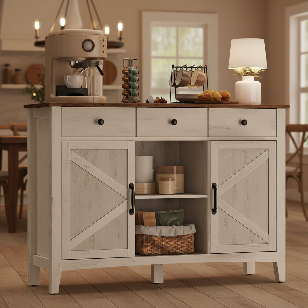 Buffet style campagne avec tiroir, portes de rangement et etagere reglable, melange blanc rustique et finition bois miel