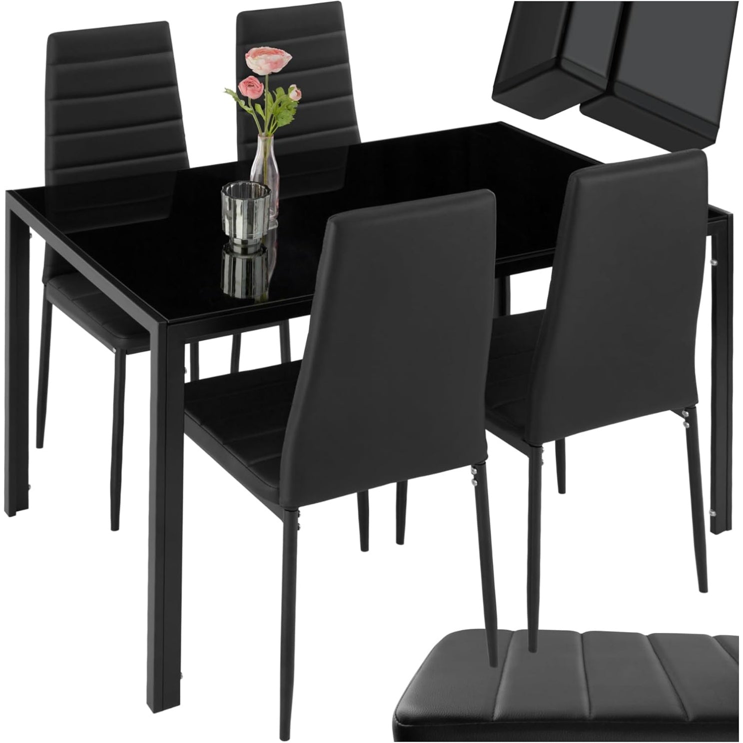 Ensemble repas avec table rectangulaire en verre trempe et quatre chaises confortables en cuir synthetique noir